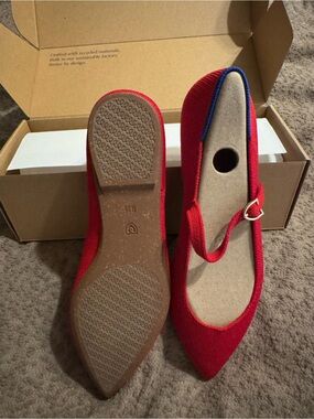 Rothy's Red Pointed Mary Jane Flats with Blue Trim